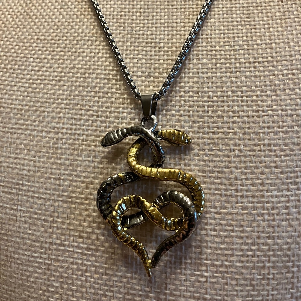 GOLD AND SILVER NECKLACE INTERTWINED SNAKES ON SILVER CHAIN - Picture 6 of 8